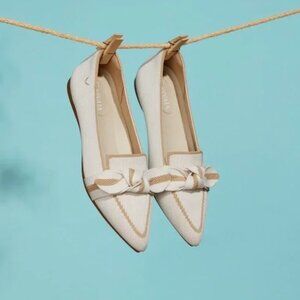 Vivaia Michelle Pointed-Toe Bow Loafers Size 39.5 (US 8.5) in Ivory Nude